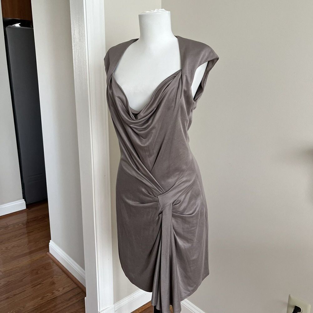 Karen Millen Taupe Brown Cap Sleeve Sheath Dress Size 8 EU 40 Faux Wrap - Picture 5 of 10